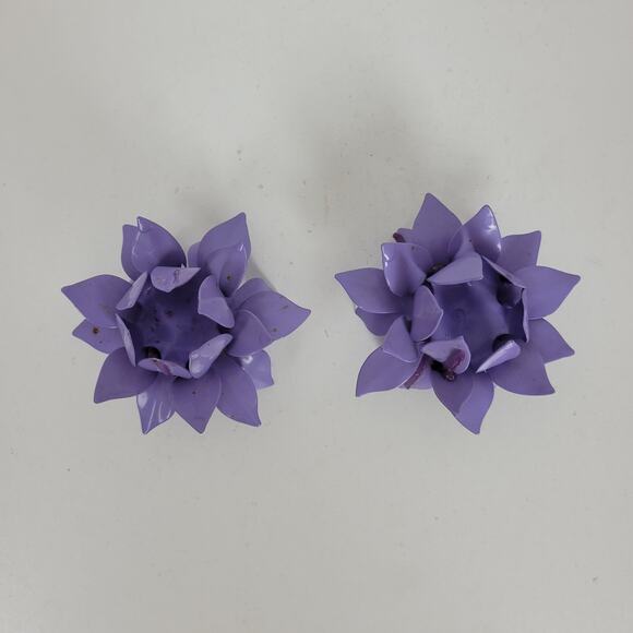 VINTAGE Lotus Flower Metal Purple Handmade Candle Holders Retro Set of 2 - Picture 8 of 13
